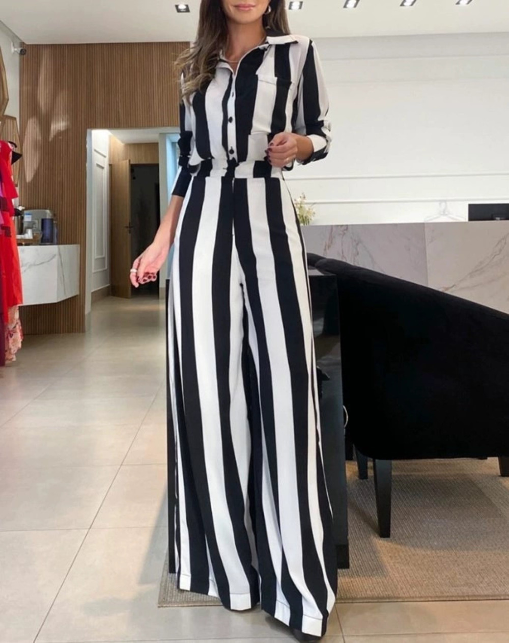 ZARA Fall Fashion Black White Stripe Button Pocket Shirt Wide Leg Pants Set